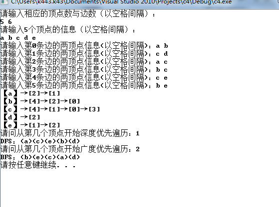 c++ 由无向图构造邻接表，实现深度优先遍历、广度优先遍历。