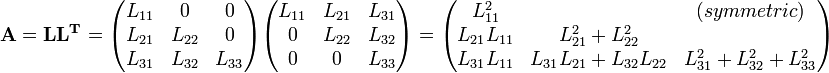 {mathbf{A=LL^T}} =begin{pmatrix}   L_{11} & 0 & 0 \L_{21} & L_{22} & 0 \L_{31} & L_{32} & L_{33}\end{pmatrix}begin{pmatrix}   L_{11} & L_{21} & L_{31} \0 & L_{22} & L_{32} \0 & 0 & L_{33}\end{pmatrix}=begin{pmatrix}   L_{11}^2 &   &(symmetric)   \L_{21}L_{11} & L_{21}^2 + L_{22}^2& \L_{31}L_{11} & L_{31}L_{21}+L_{32}L_{22} & L_{31}^2 + L_{32}^2+L_{33}^2 \end{pmatrix}