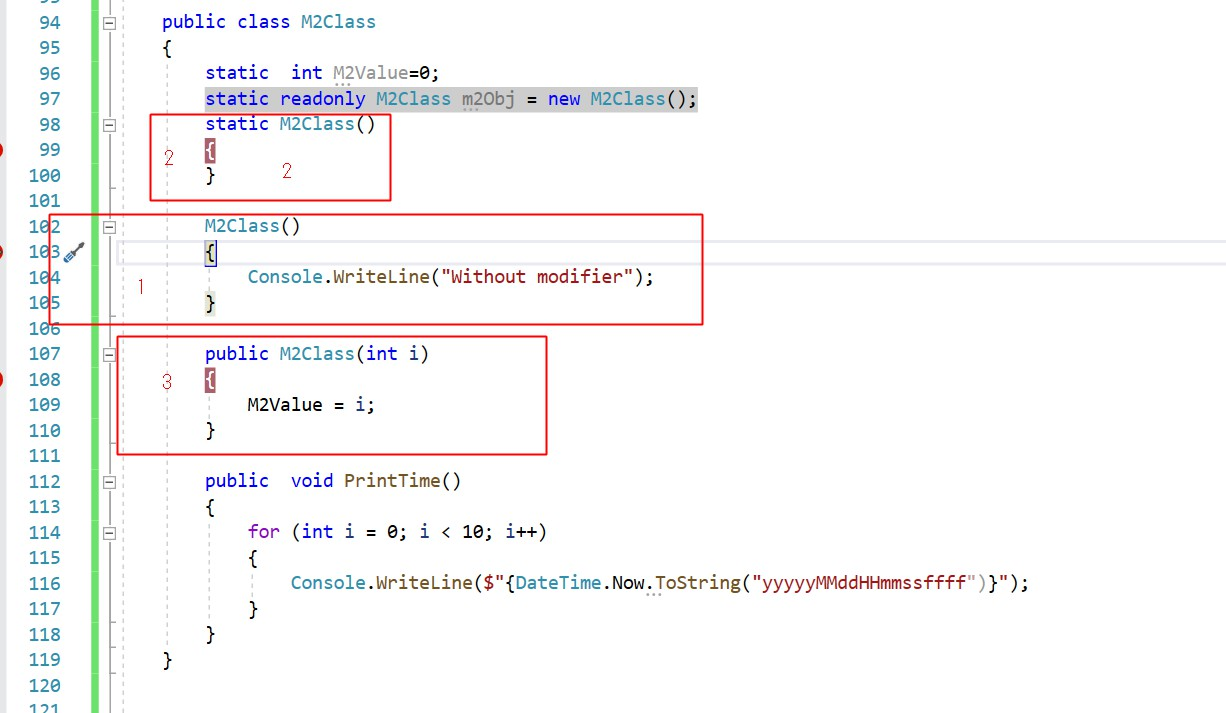 C# class implementation order of constructors include static constructor,constructor without modifiers and parameters, constructor with modifiers and parameters